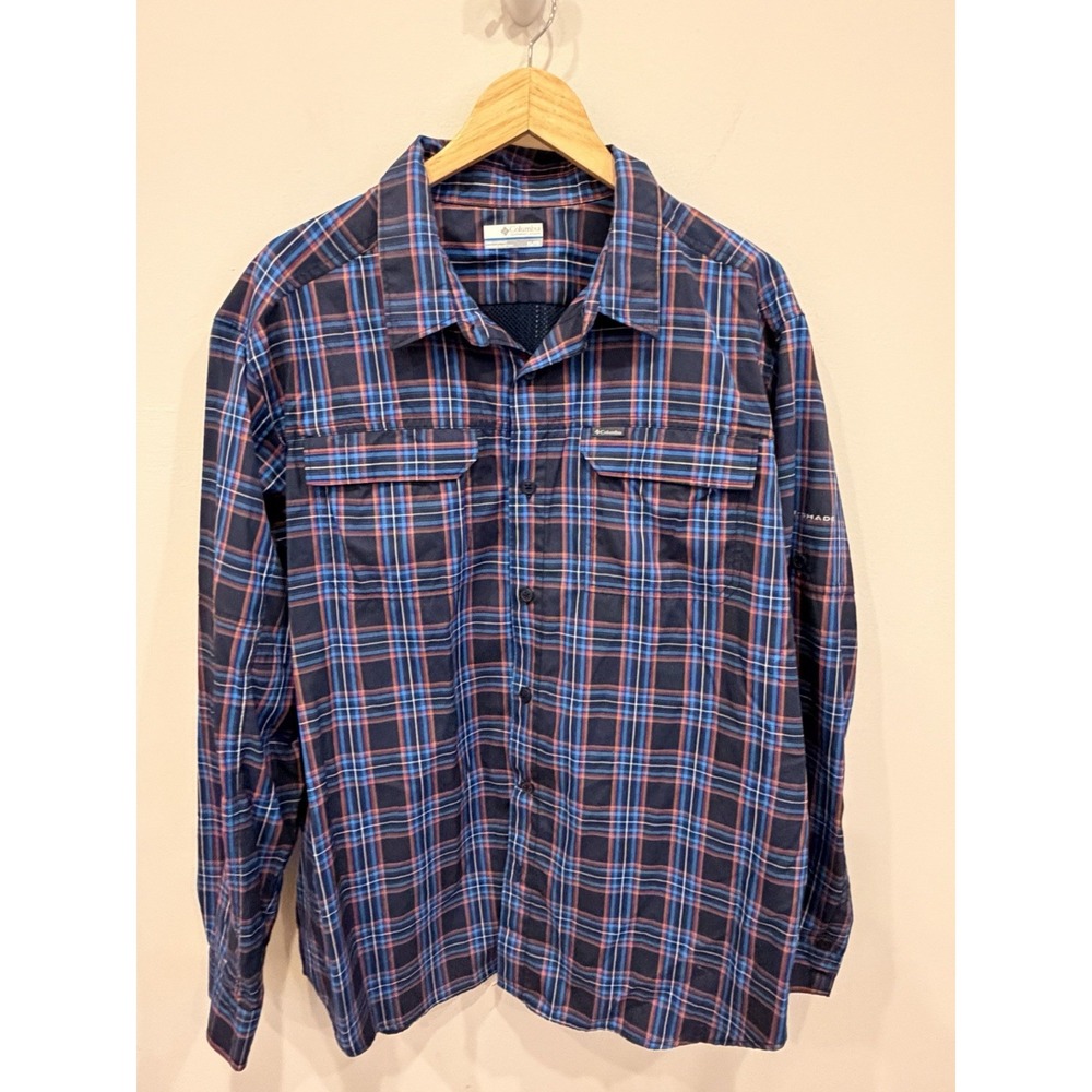 Columbia Mens XL Navy Blue Orange Plaid Nylon Long Sleeve Hiking Shirt AO0649